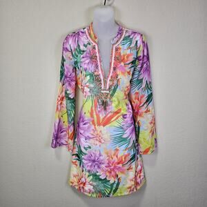 Boston Proper Tunic Dress XS Beaded Floral Boho Tropical Resortwear Coverup Mini
